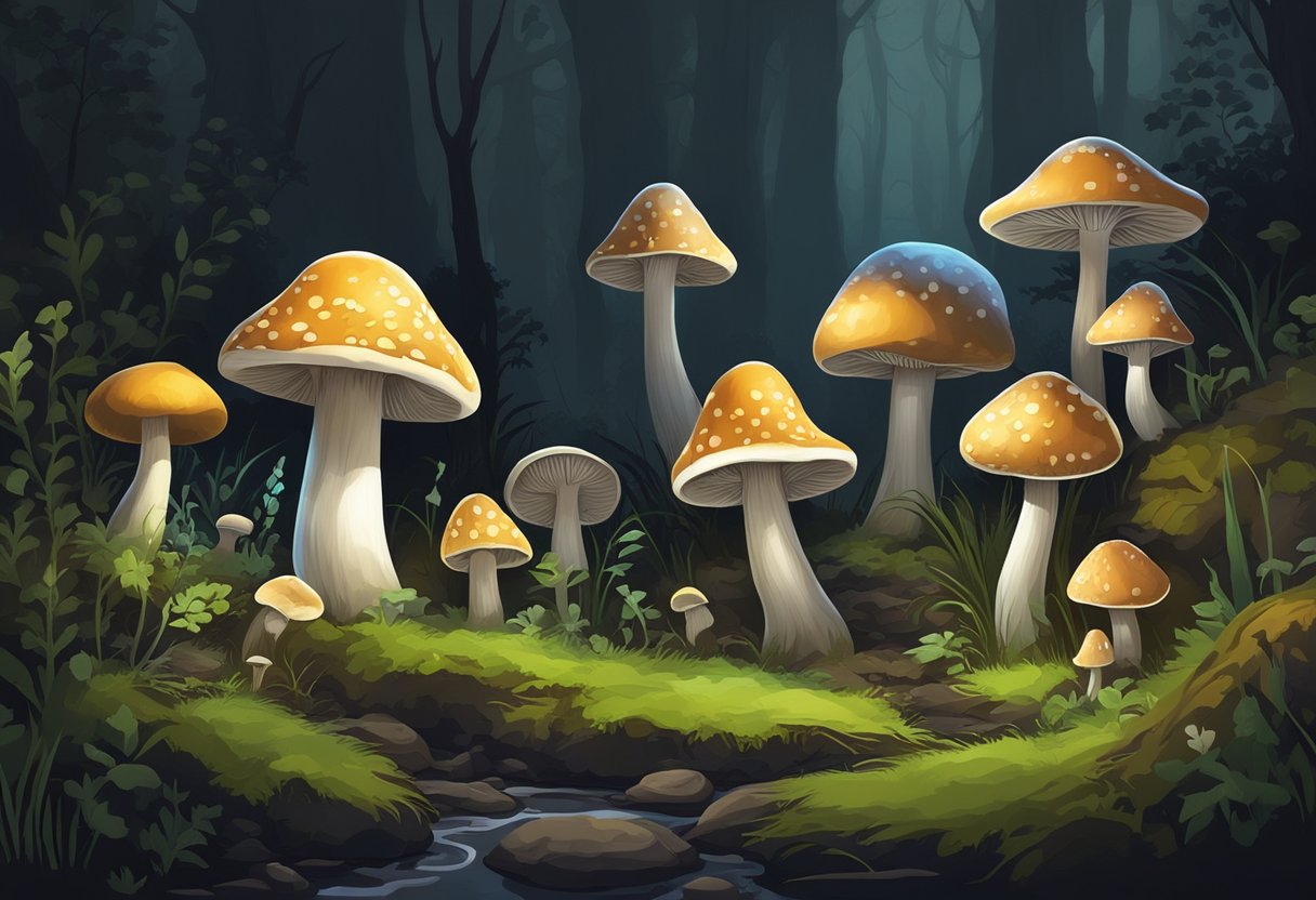 Mushrooms grow in a dark, damp environment, such as a cool cellar or underground storage. They emerge from the soil or decaying matter, spreading their caps and stems in various sizes and shapes