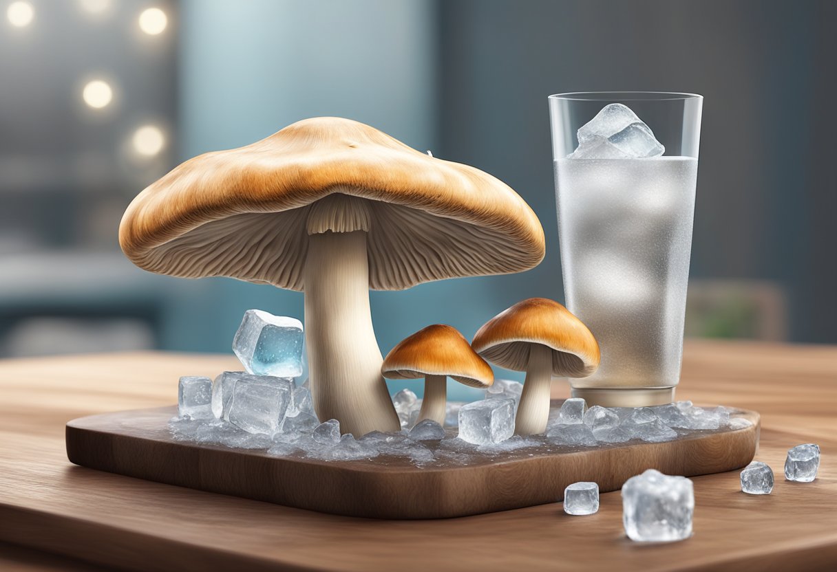A mushroom sits on a cutting board, surrounded by ice cubes