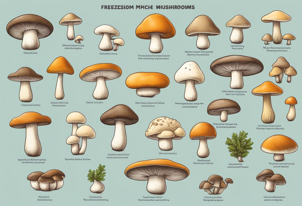 Different mushroom types labeled with freezing instructions