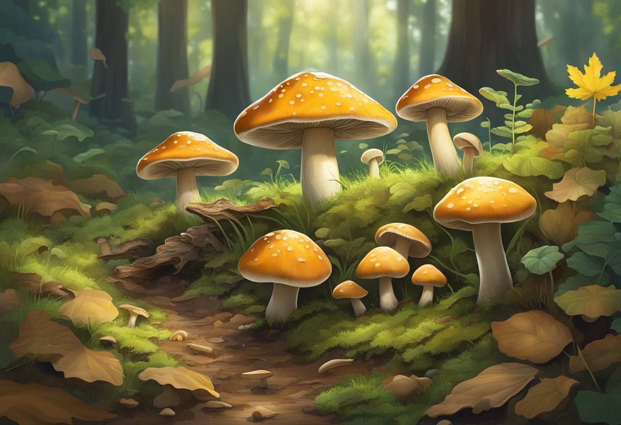 Lush green yard with various mushrooms sprouting from damp soil, surrounded by fallen leaves and decaying wood. Sunlight filtering through the trees illuminates the diverse shapes and colors of the fungi