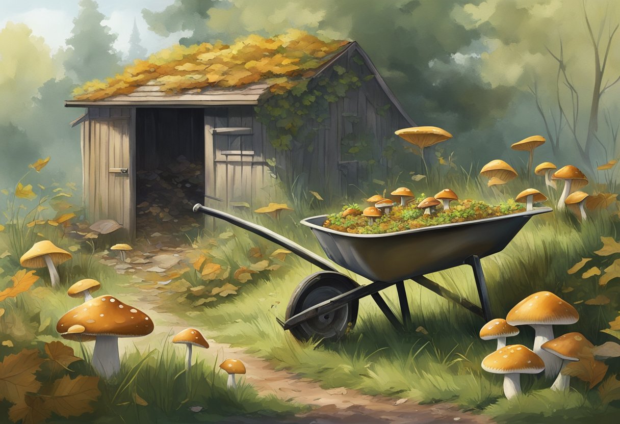 Mushrooms sprout from damp soil near a neglected garden shed, surrounded by overgrown grass and fallen leaves. A rusty wheelbarrow and scattered tools hint at previous attempts to tame the unruly space
