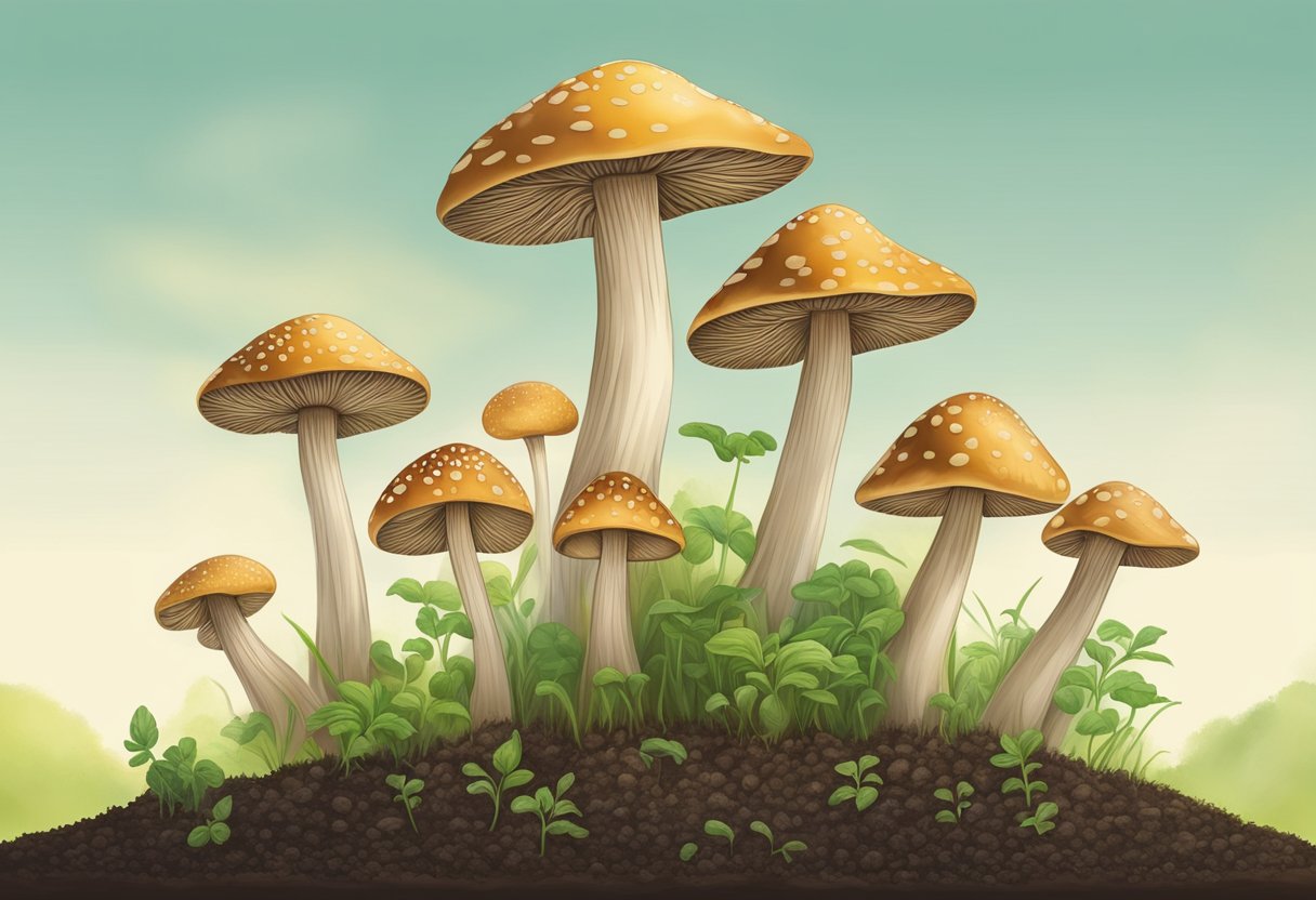 Mushrooms sprout from soil, growing taller each day, reaching full size in 3-7 days