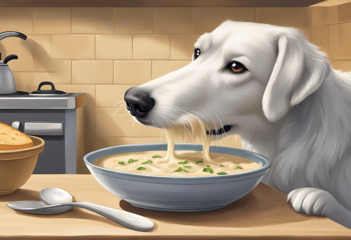 A dog eagerly laps up a bowl of cream of mushroom soup
