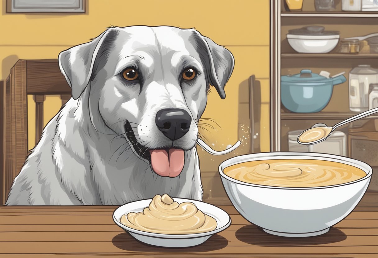 A dog sniffs a bowl of cream of mushroom soup, with cautionary signs and warnings in the background