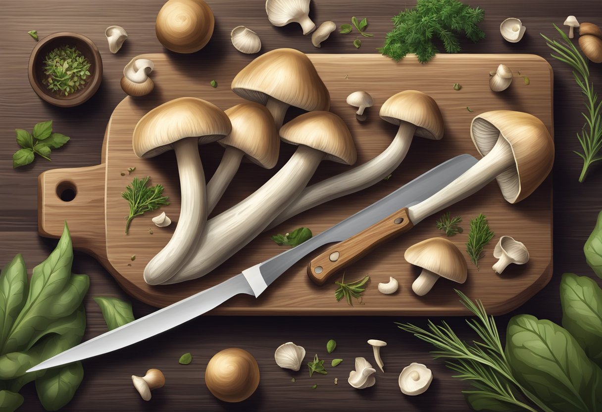 Mushroom stalks lay on a wooden cutting board, surrounded by a scattering of chopped herbs and a sharp knife