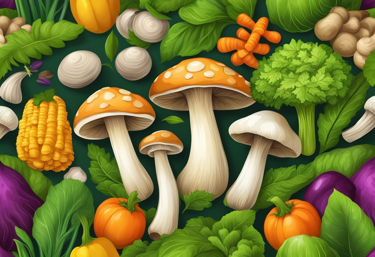 A pile of fresh mushroom stalks, surrounded by vibrant green leaves and colorful vegetables, symbolizing health and nutrition