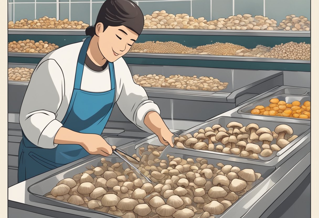 Mushroom stalks are being washed and sliced before being cooked. A person is seen enjoying the cooked mushroom stalks