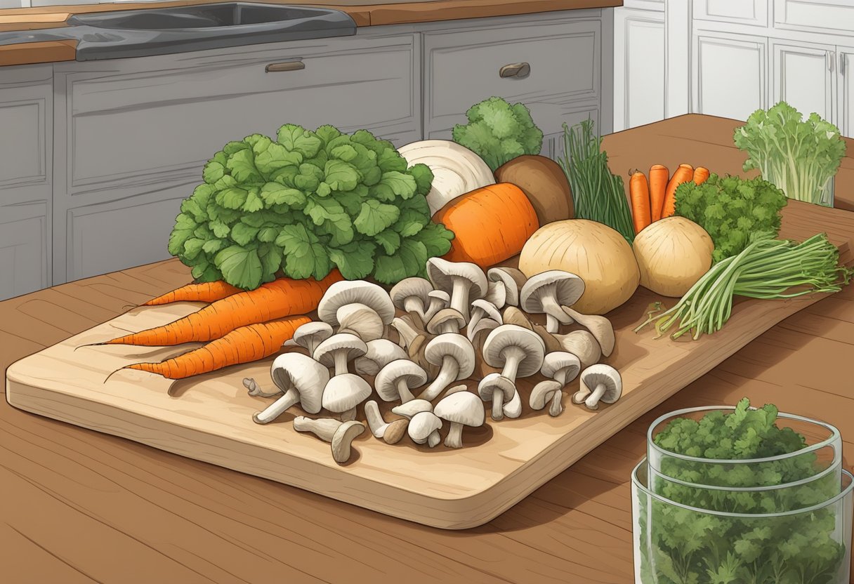 A pile of mushroom stalks, carrot tops, and other vegetable scraps on a cutting board, with a compost bin nearby