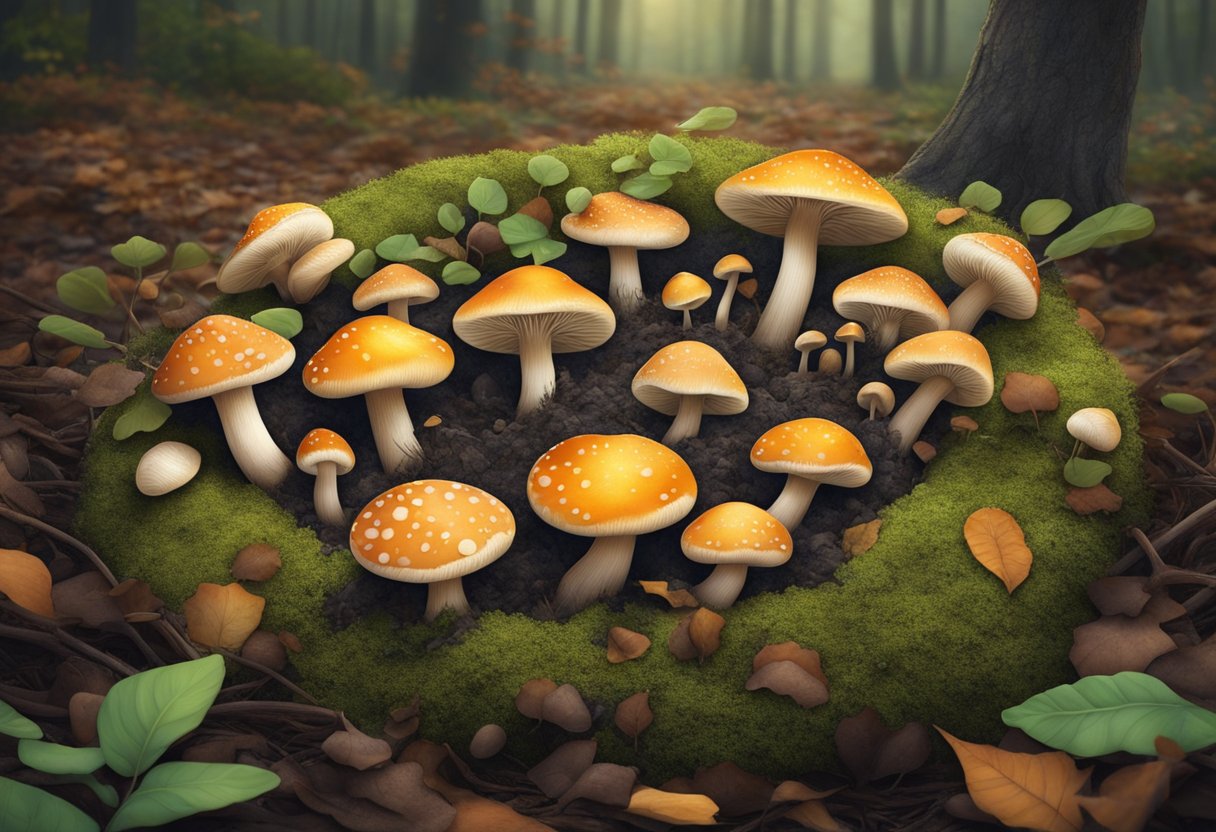 Mushrooms sprout in a perfect circle, nestled among fallen leaves and twigs. The damp earth gives rise to their delicate caps, creating a mesmerizing natural phenomenon