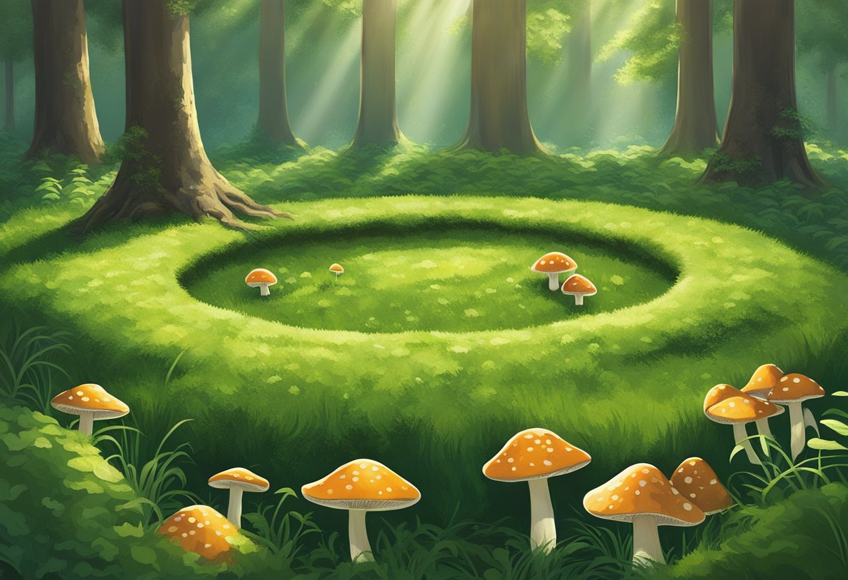 Lush green grass surrounds a perfect circle of vibrant mushrooms, with dappled sunlight filtering through the trees above