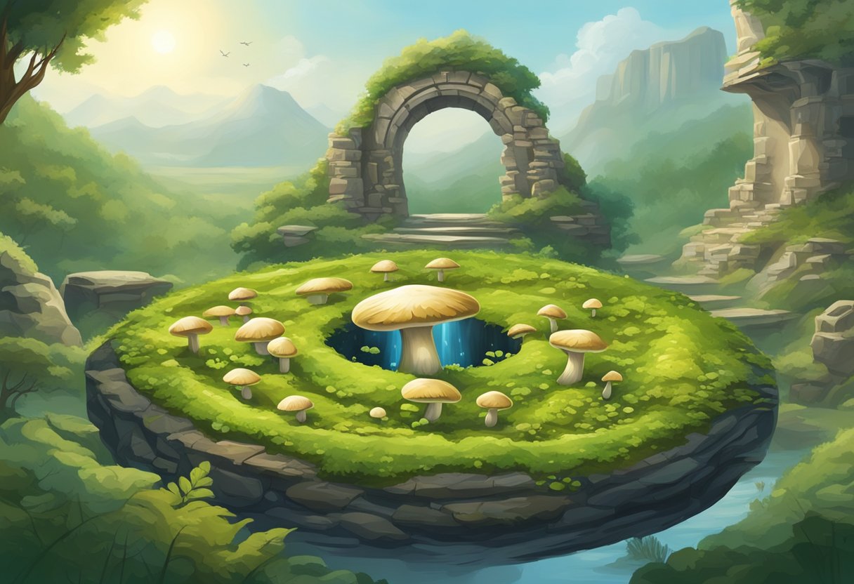 Mushrooms sprout in a perfect circle, surrounded by lush greenery and ancient stone ruins, symbolizing the mystical folklore of their cultural significance