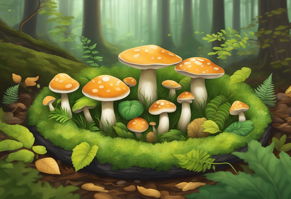Mushrooms sprout in a perfect circle, nestled among fallen leaves and twigs. The forest floor is alive with vibrant green moss and delicate ferns, creating a peaceful and harmonious ecosystem