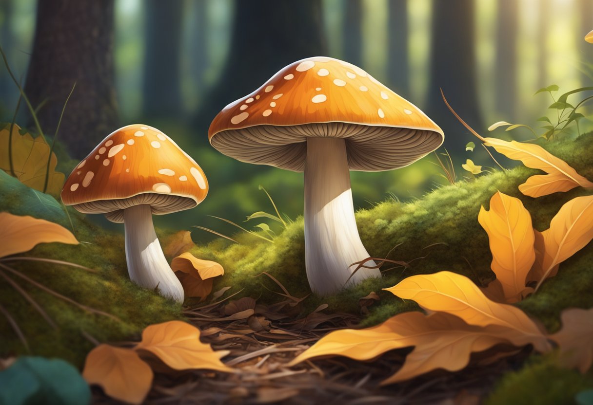A vibrant mushroom sprouts from the forest floor, surrounded by fallen leaves and dappled sunlight