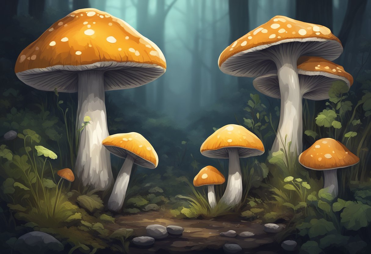 Mushrooms grow in a dark, damp environment, surrounded by decaying matter