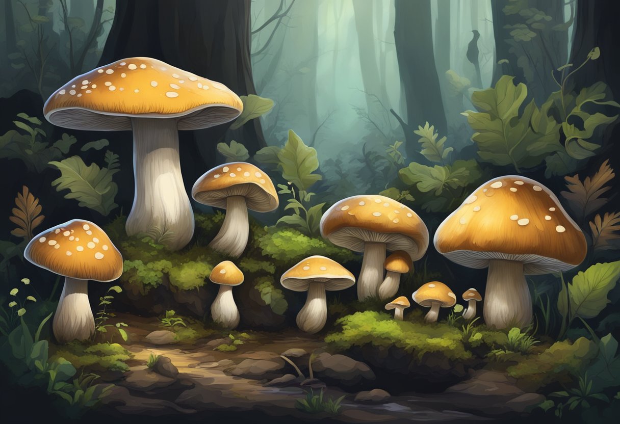 Mushrooms thrive in dark, damp environments. Show a variety of mushrooms in a shaded, moist forest setting, surrounded by decaying organic matter