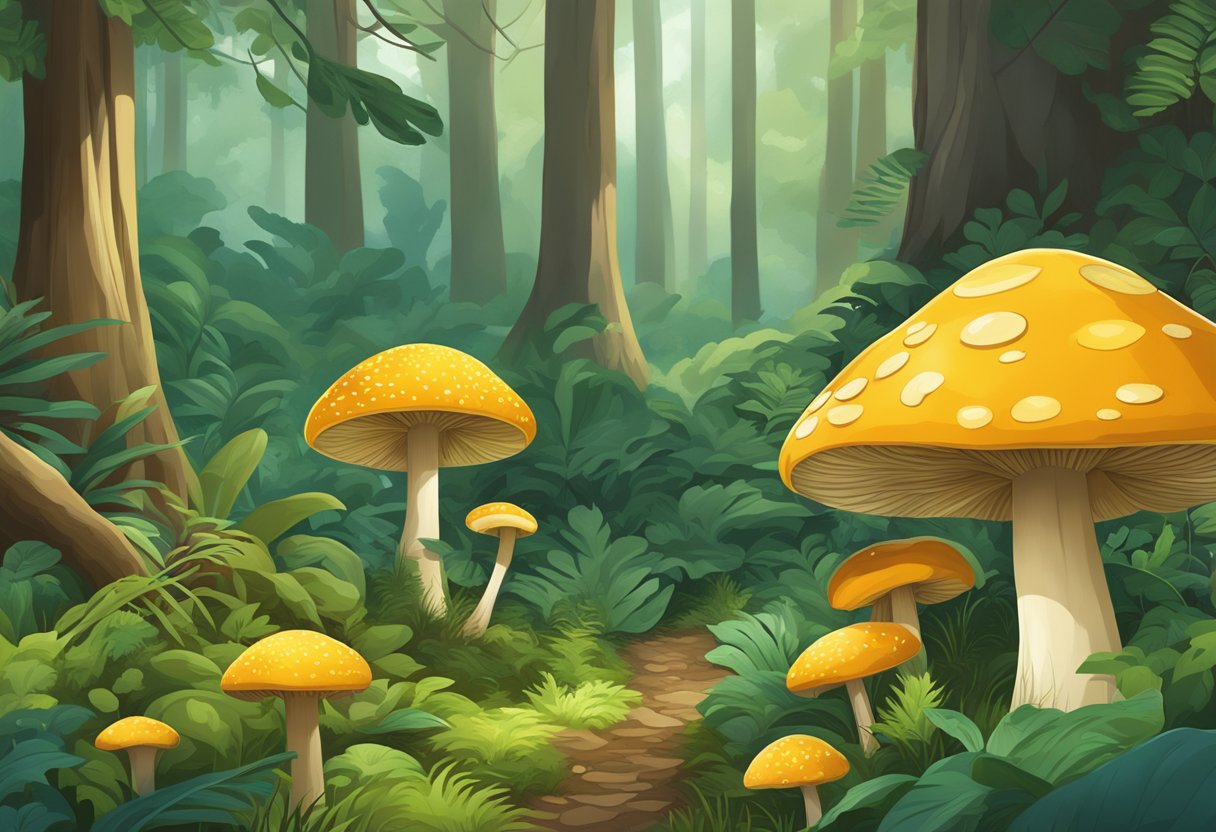 A pristine forest floor with rare, golden fungi peeking out from under a canopy of lush green foliage