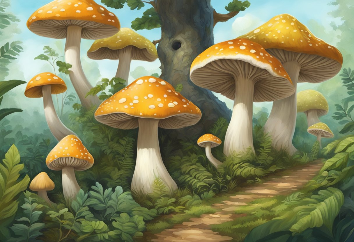 A rare, historically significant mushroom, the most expensive in the world, grows in a lush, remote forest, surrounded by a variety of flora and fauna