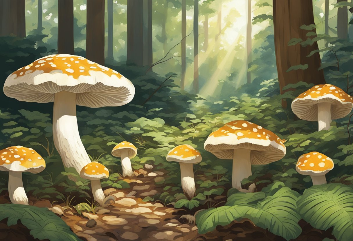 Lush forest floor with rare, prized matsutake mushrooms. Dappled sunlight filters through the canopy, highlighting the valuable fungi