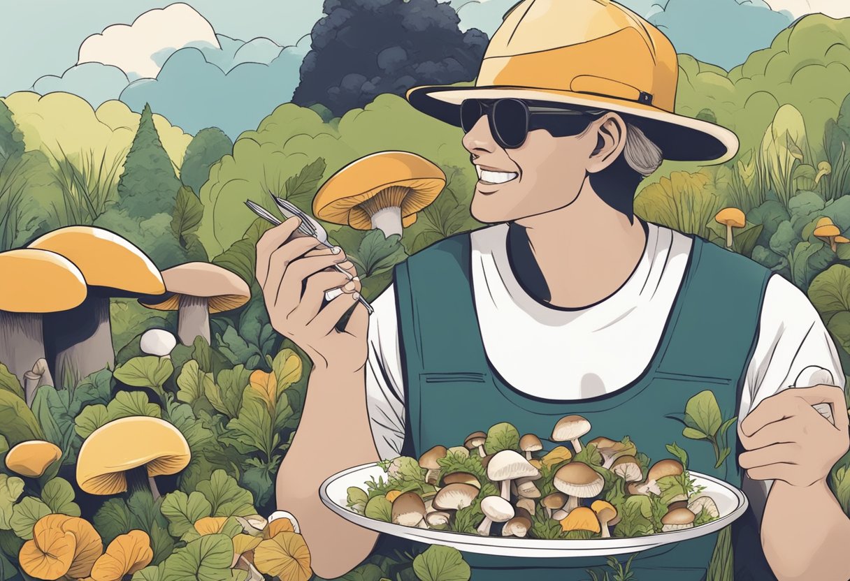 A vegan happily eating a plate of assorted mushrooms