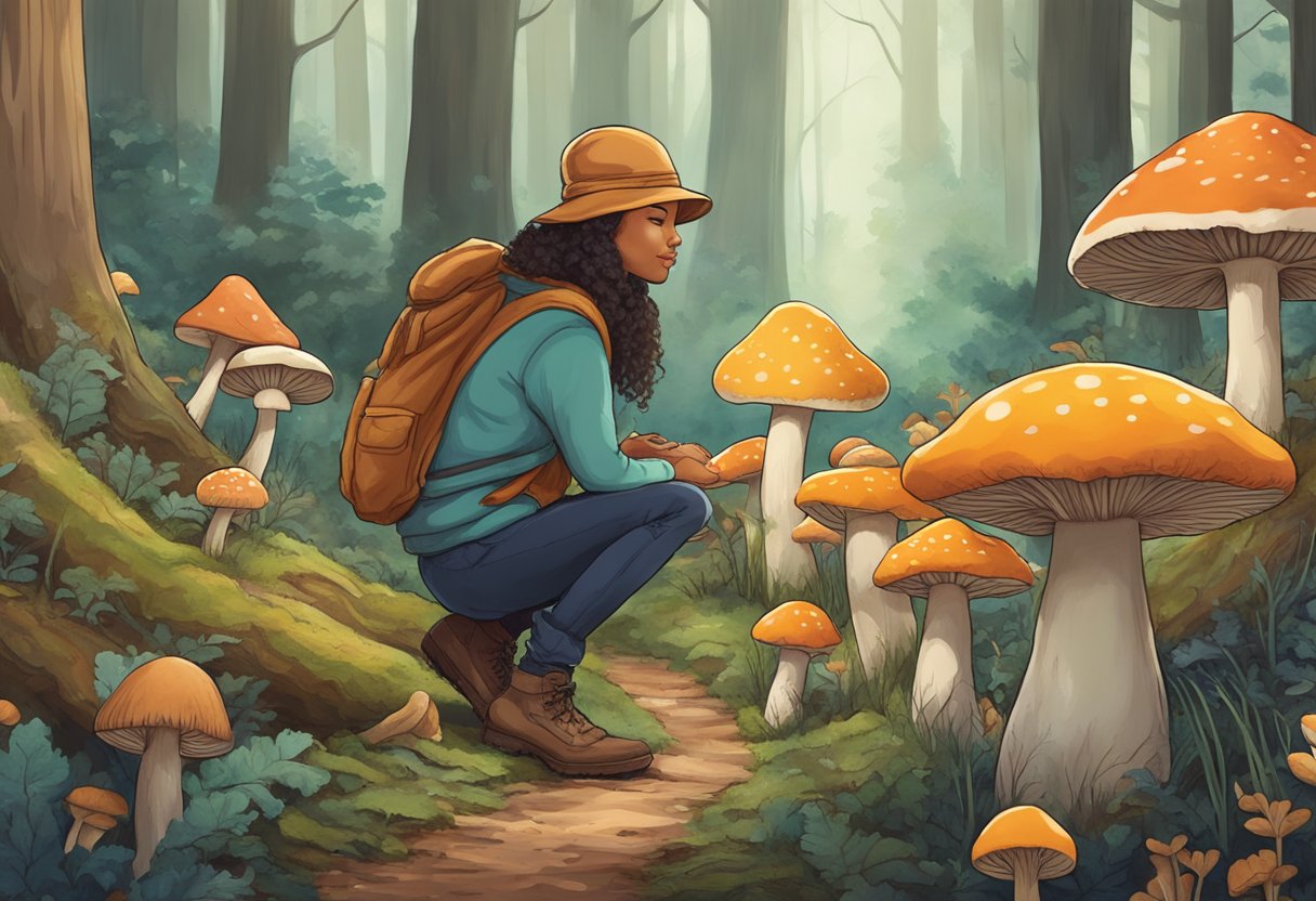 Vegan exploring Fungi Kingdom, admiring diverse mushrooms