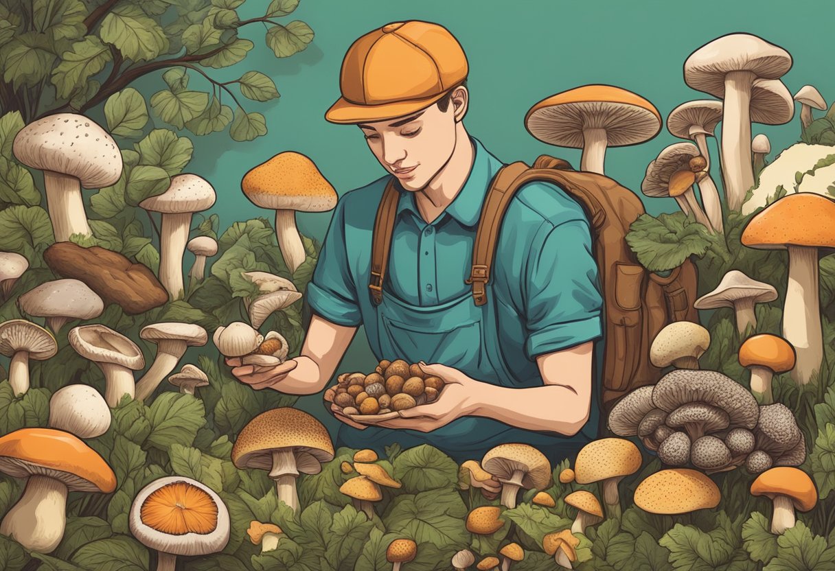 A vegan carefully inspecting various types of mushrooms for consumption