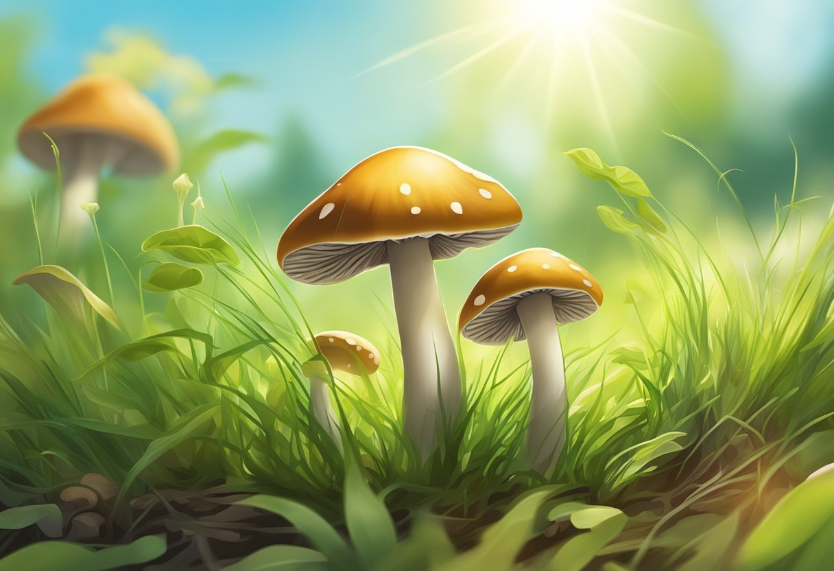 Mushrooms sprout among green blades, reaching for sunlight in a grassy field