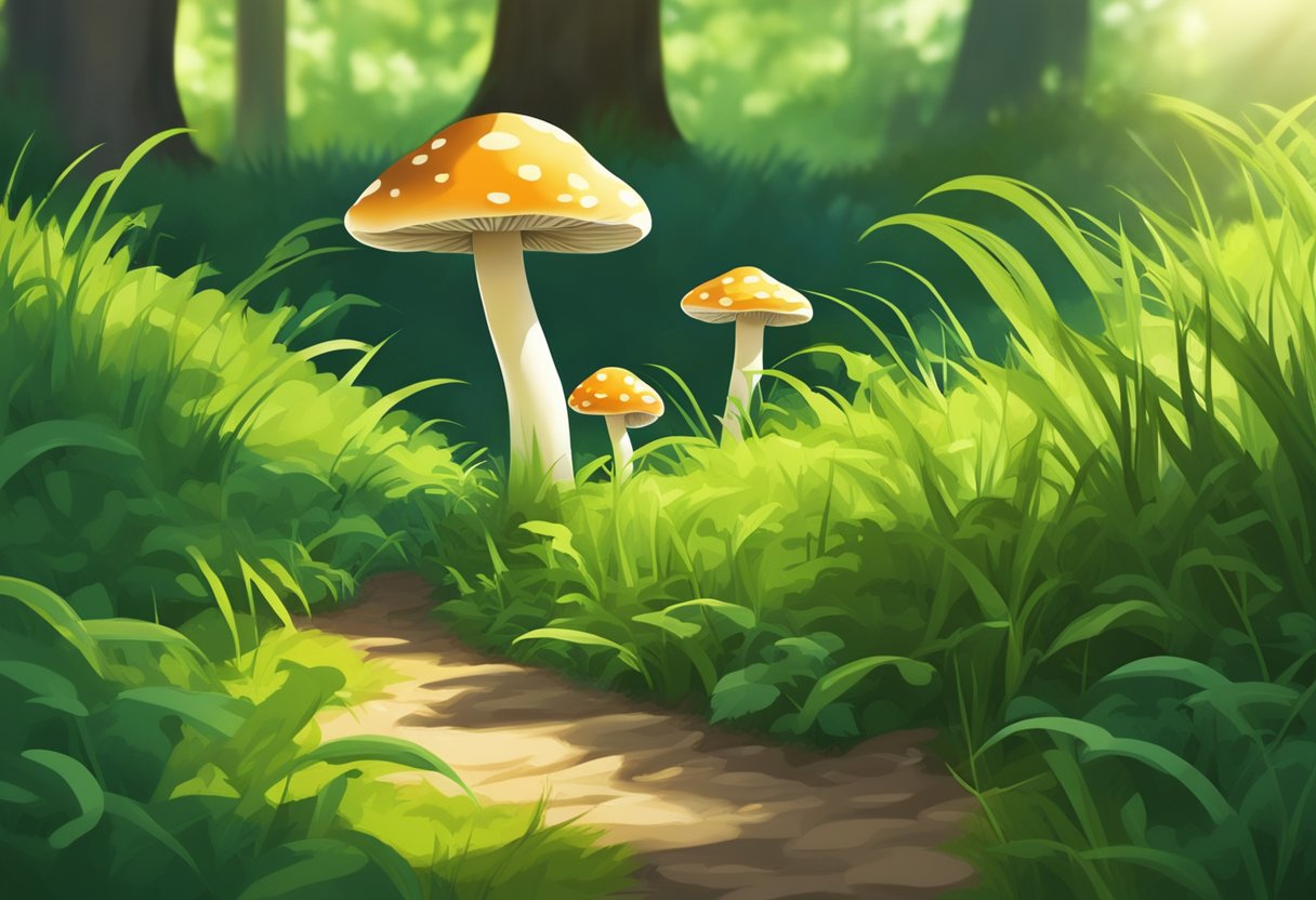 Mushrooms sprout among lush green grass, casting shadows in the dappled sunlight. Caution signs and barriers indicate safety concerns