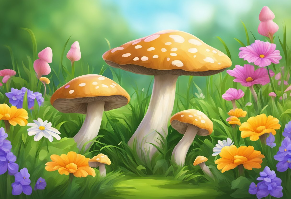 Mushrooms sprout in a lush yard, surrounded by green grass and colorful flowers