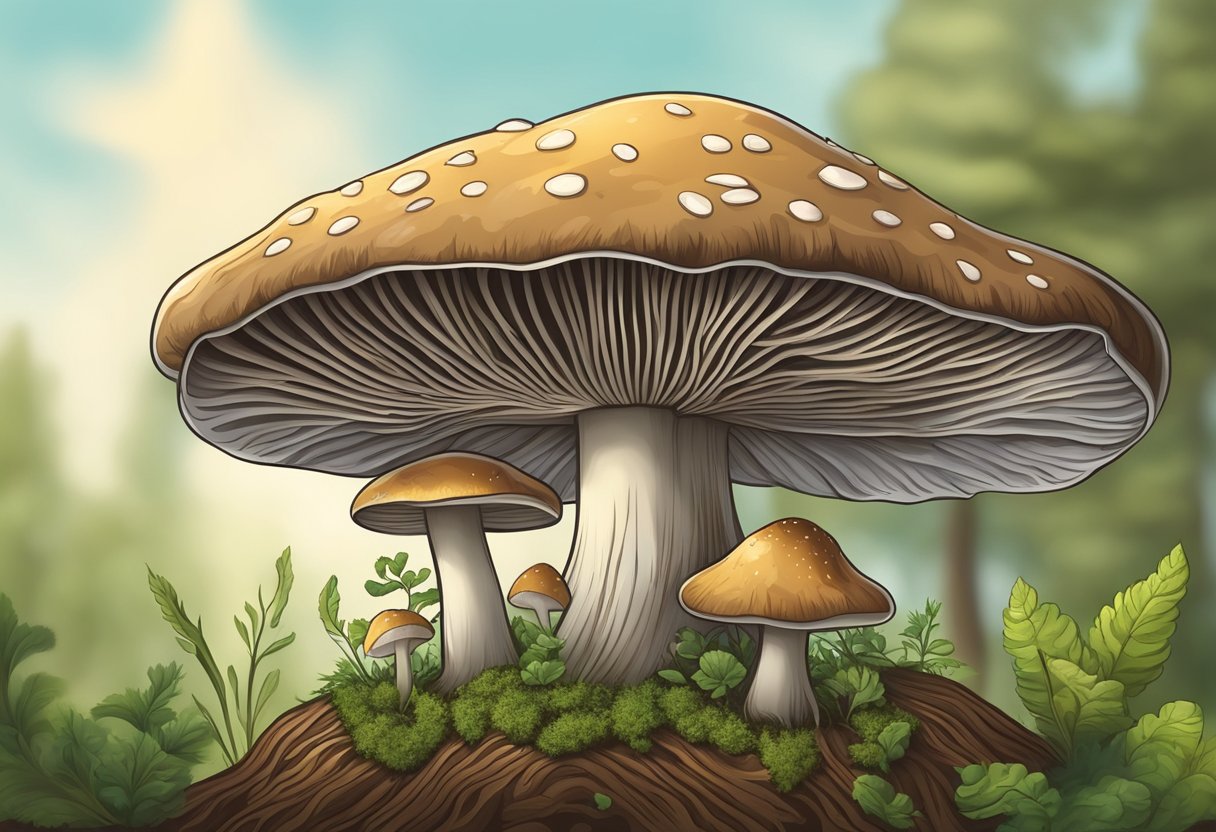 Mushrooms absorb nutrients from soil and decaying matter. Illustrate a mushroom with roots extending into soil and surrounding organic material