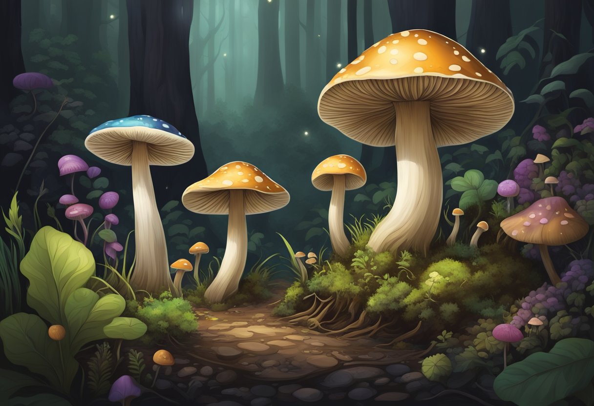 Mushrooms absorb nutrients from soil, roots, and decaying matter. They grow in a dark, damp environment, surrounded by other plants and fungi