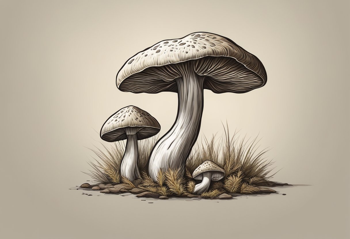 A dried mushroom lays wrinkled and shriveled next to a plump and fresh mushroom, showcasing the stark contrast between the two