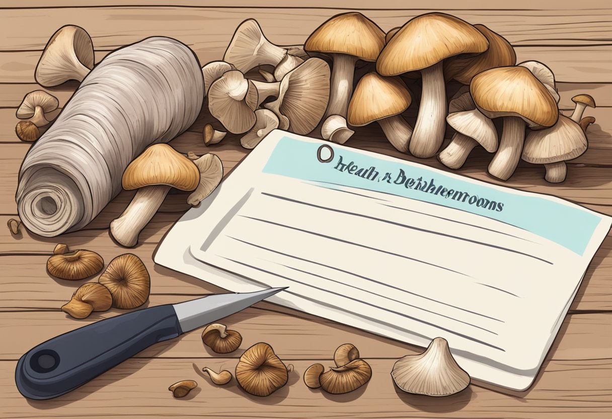 A pile of dried and fresh mushrooms on a wooden cutting board, with a measuring tape nearby and a list of health benefits and considerations written on a piece of paper