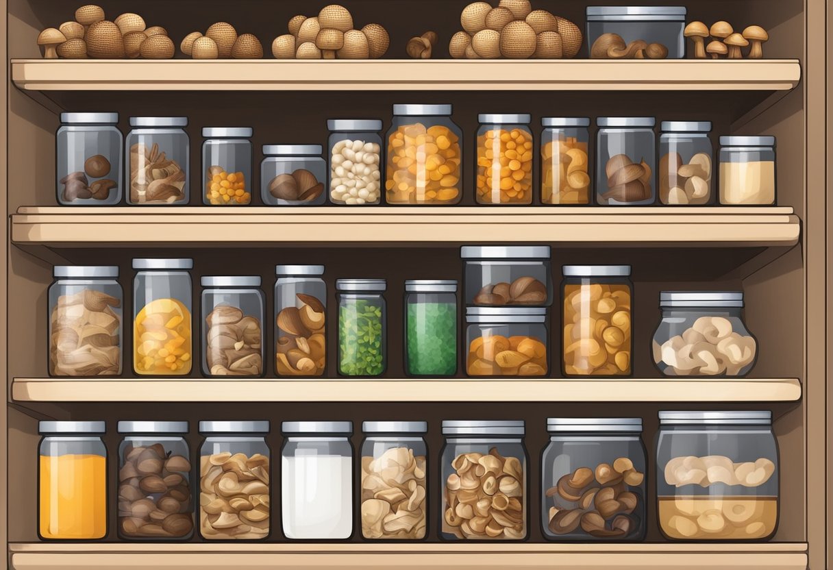 A pantry shelf displays dried mushrooms in airtight containers beside fresh mushrooms in a refrigerator