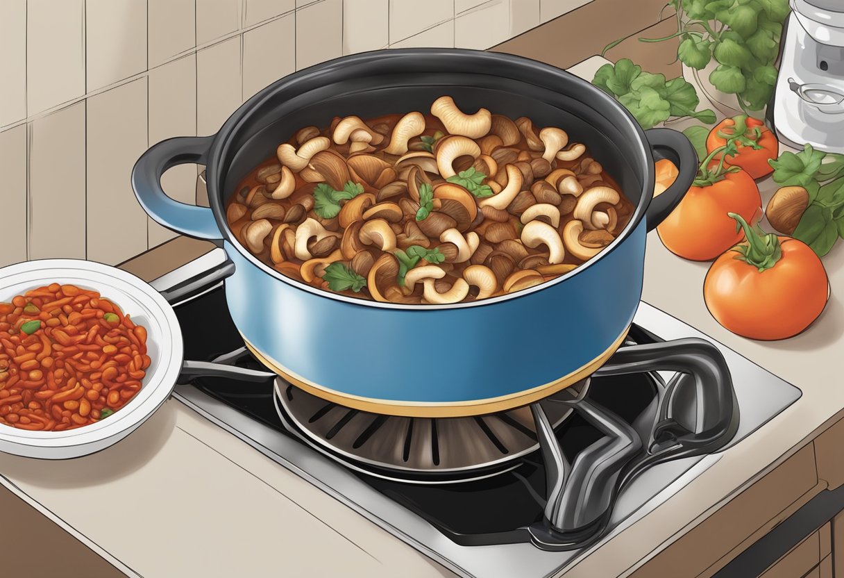 Mushrooms being added to a pot of chili on a stovetop