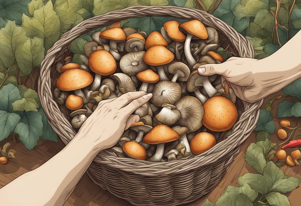 A hand reaching for mushrooms in a basket, with chili pot in the background