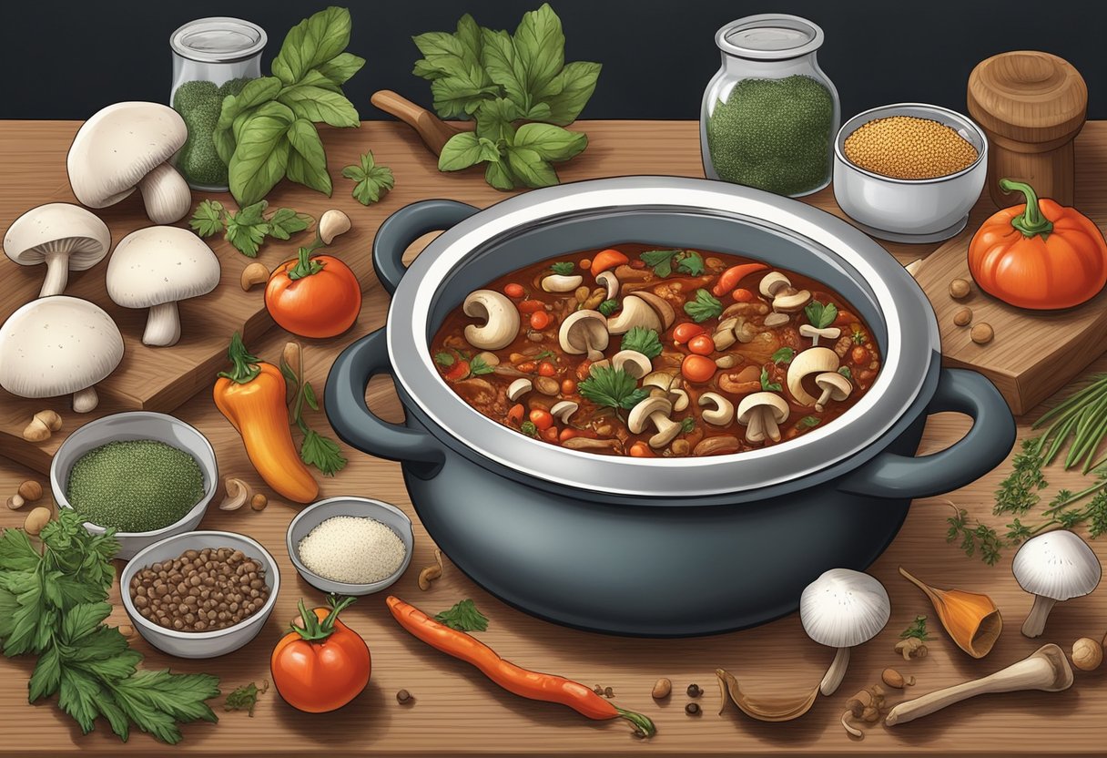 Mushrooms being added to a pot of chili, surrounded by various spices and ingredients on a kitchen counter
