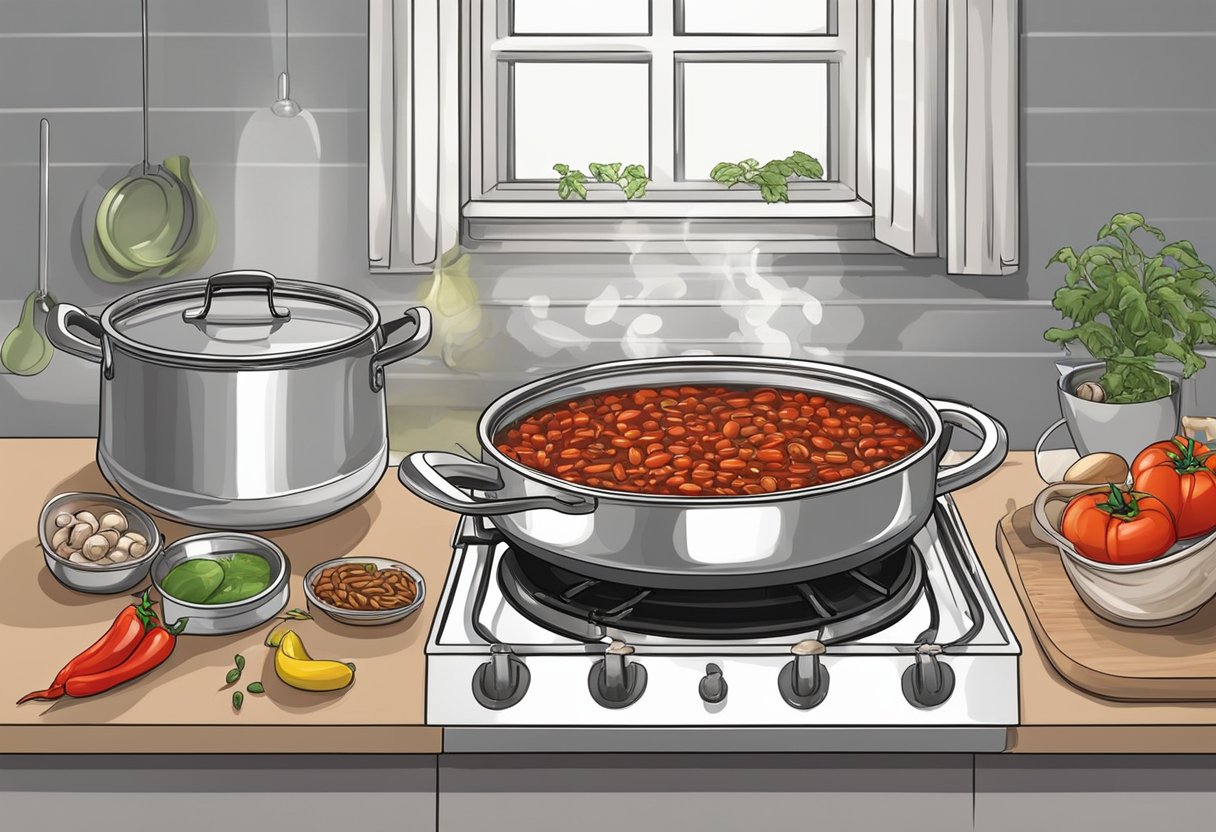 A pot of chili simmers on the stove, steam rising. Cans of beans and tomatoes sit nearby. A container of sliced mushrooms waits to be added