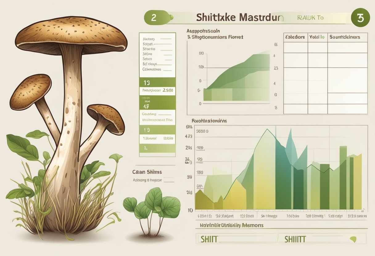 Shiitake mushrooms with stems displayed next to a nutritional profile chart