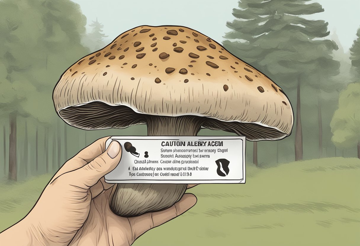 A hand holding a shiitake mushroom stem with a caution sign and allergy information label in the background