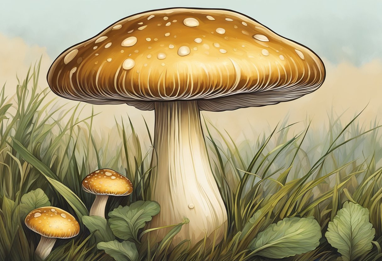 A plump, golden-brown mushroom glistens with dew, its earthy aroma wafting through the air. The delicate gills underneath seem to beckon with promise of the most delicious flavor