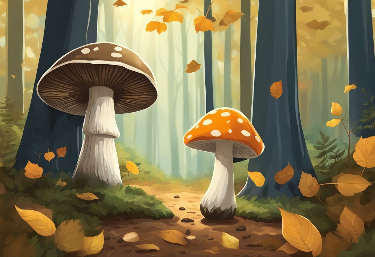 A mushroom and a truffle face off in a forest clearing, surrounded by fallen leaves and dappled sunlight