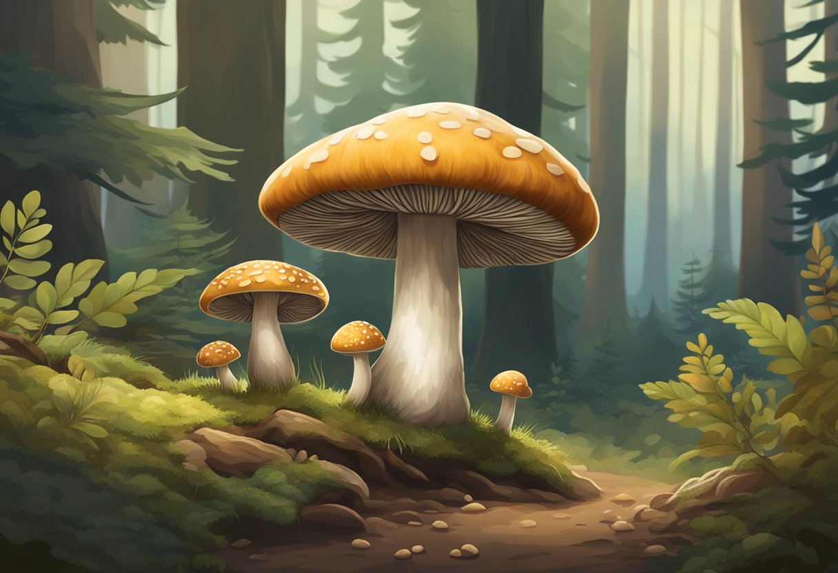 A mushroom and a truffle grow side by side in the forest, showcasing their distinct shapes, colors, and textures