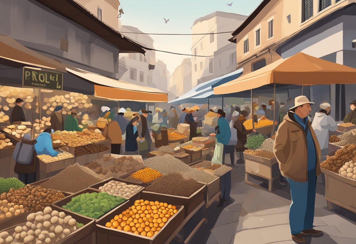 A bustling market with vendors selling mushrooms and truffles. Prices are displayed, and customers are haggling. The atmosphere is lively and full of economic activity