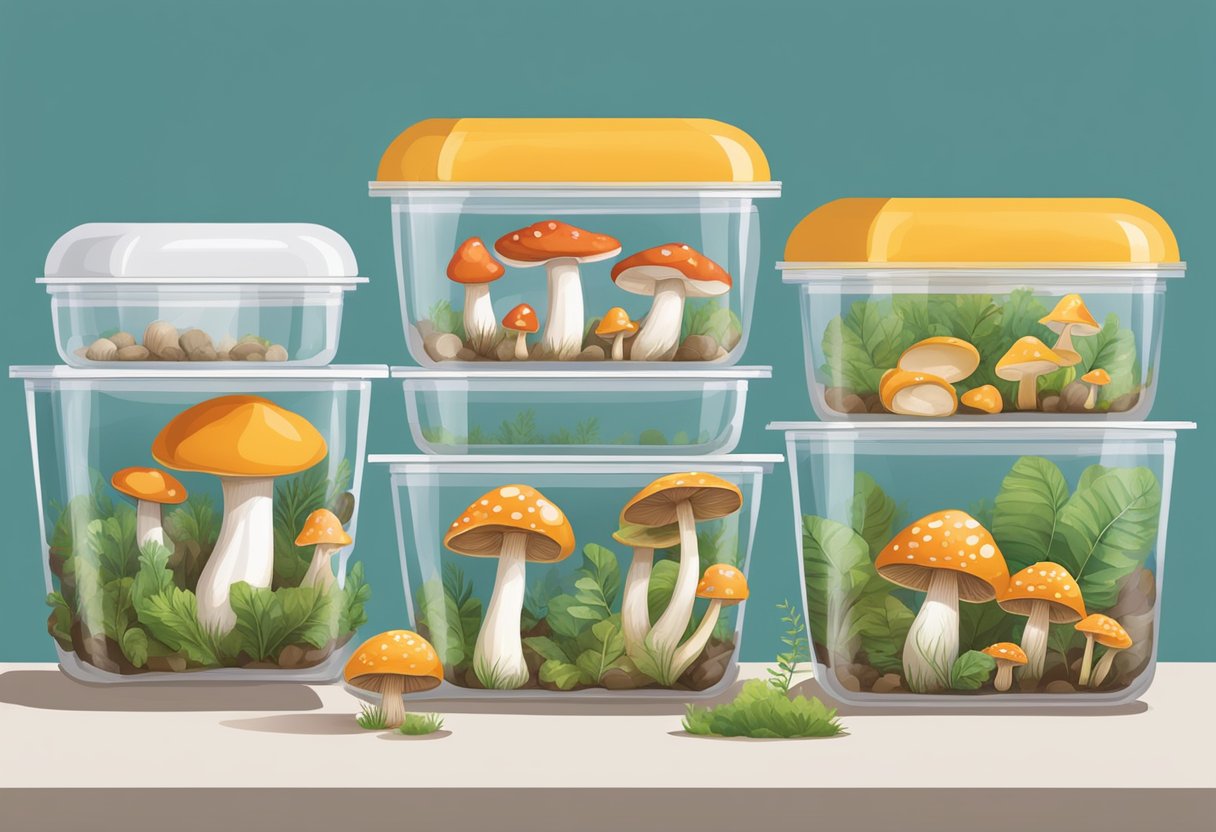 Mushrooms are carefully placed in airtight containers with moisture-absorbing packets to preserve their quality