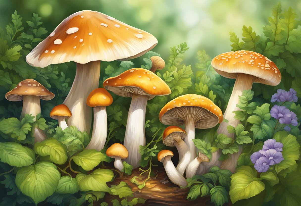 A variety of mushrooms burst with rich, earthy flavors, surrounded by vibrant green foliage and dappled sunlight