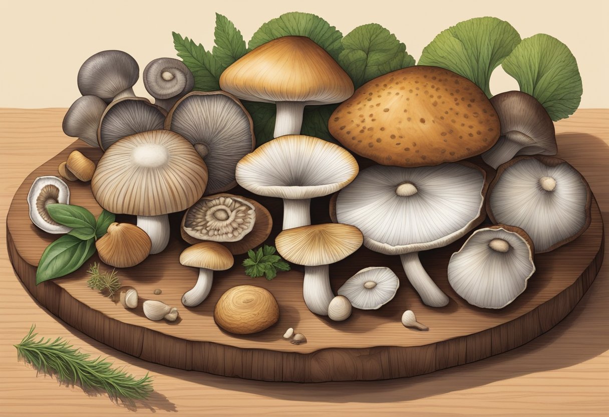 A variety of mushrooms, such as shiitake, oyster, and portobello, are arranged on a wooden cutting board, showcasing their unique shapes, colors, and textures. A small dish of seasoning and herbs sits nearby, hinting