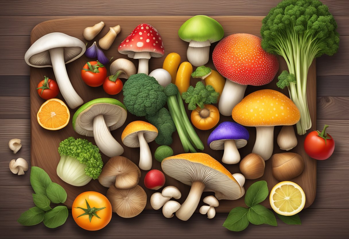 A variety of colorful, fresh mushrooms arranged on a wooden cutting board, surrounded by vibrant fruits and vegetables. A label reads "Health Benefits and Nutrition: Most Flavorful Mushroom."