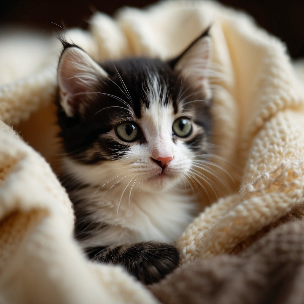 A small, fuzzy kitten is nestled in a soft, warm blanket. A bottle of milk and a tiny dish of food sit nearby. A gentle heat source keeps the kitten cozy