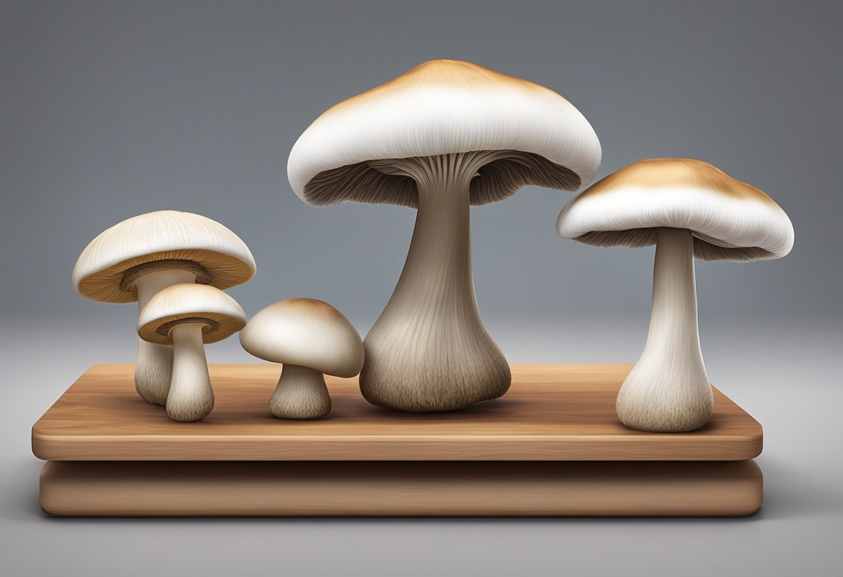Two types of mushrooms sit side by side on a wooden cutting board. The oyster mushroom has a delicate, fan-like shape, while the shiitake mushroom is darker with a broad, umbrella-like cap