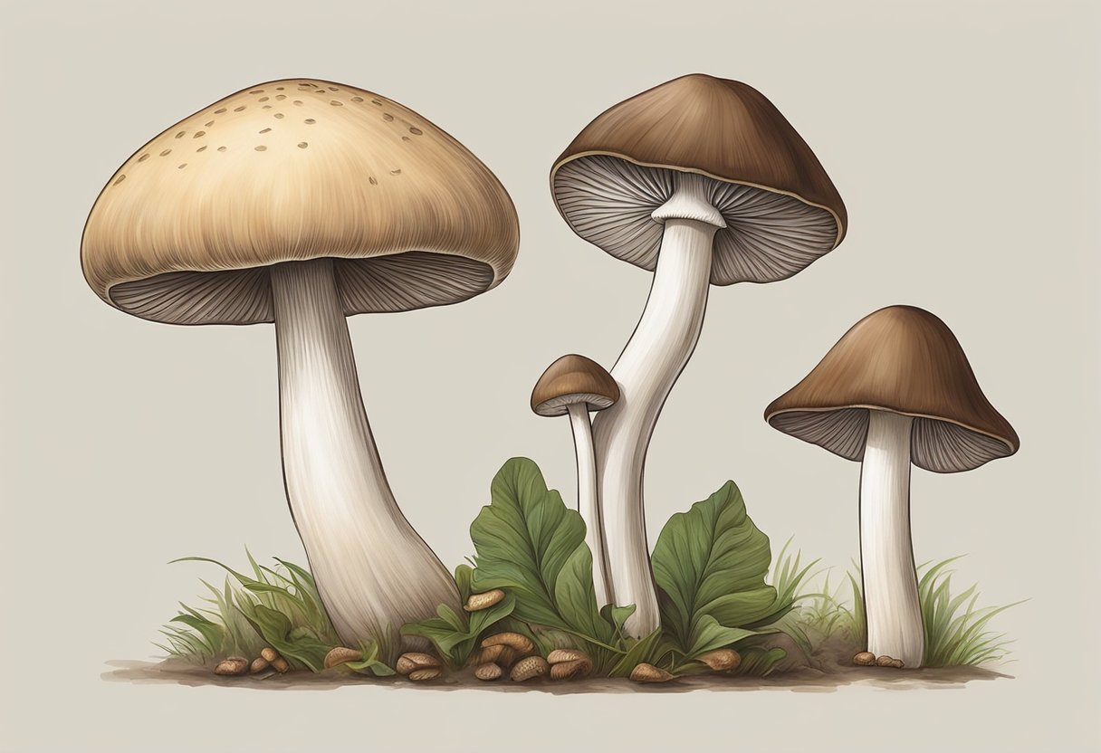 Two types of mushrooms side by side. Oyster mushroom has a fan-shaped cap and gills underneath, while shiitake mushroom has a wide, umbrella-shaped cap with a smooth surface